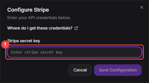 Configure Stripe dialog with the Stripe secret key field highlighted