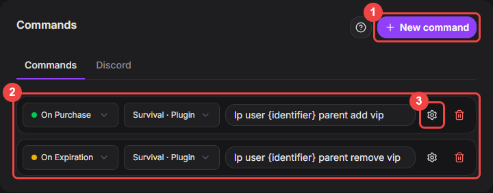 Product command editor with the new command action and configured delivery row highlighted