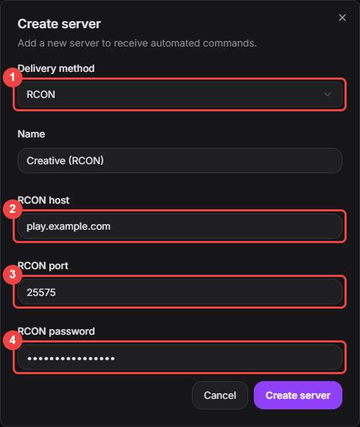RCON server form with delivery method, host, port, and password fields highlighted