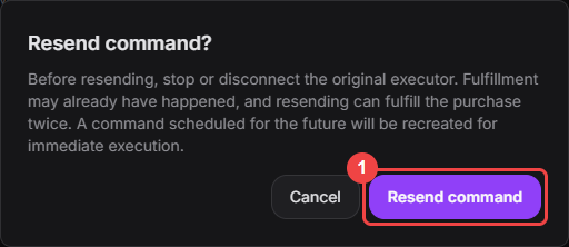 Resend warning dialog with the duplicate-delivery message and confirmation action highlighted