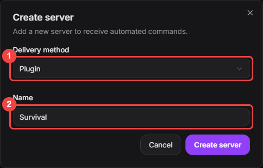 Create server dialog with the delivery method and server name fields highlighted