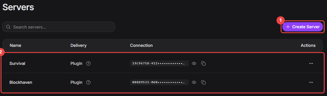 Server integrations page with the create button and existing delivery connections highlighted