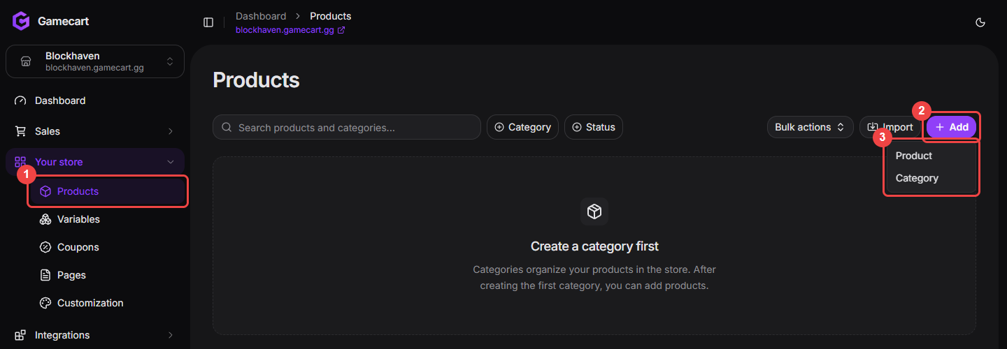 Products page with the sidebar entry, the Add button, and its Product and Category options highlighted