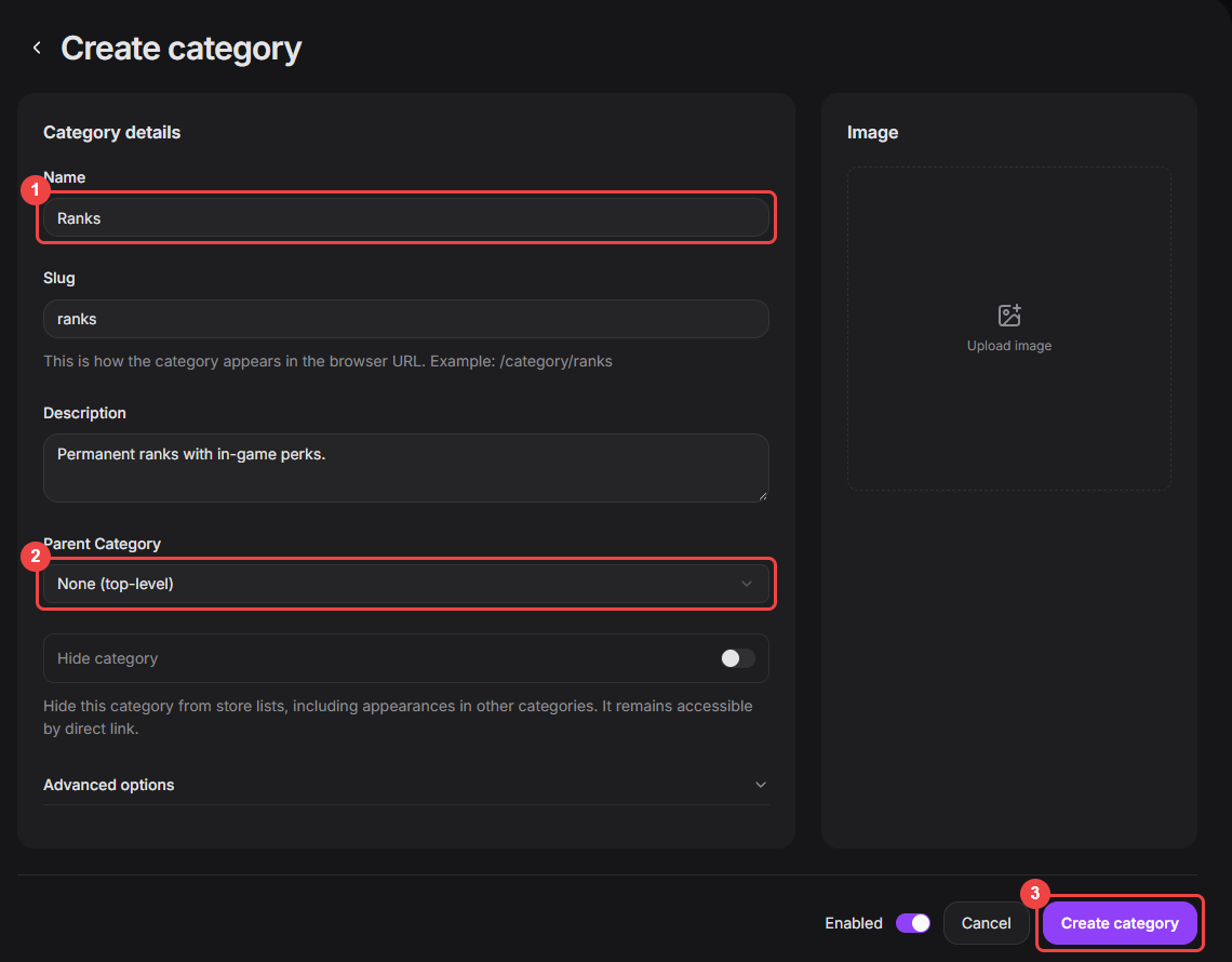 Create category form with the name field, parent category, and Create category button highlighted