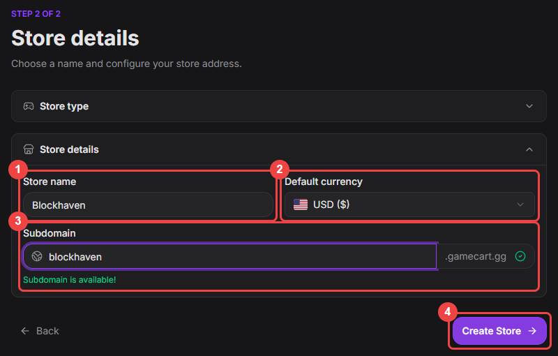 Store details step with the store name, currency, subdomain, and Create Store button highlighted