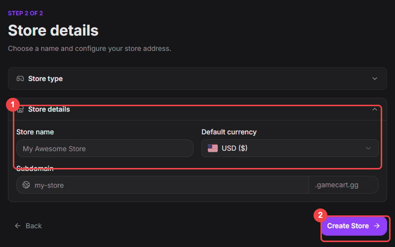 Store type step with the game options and the Continue button highlighted