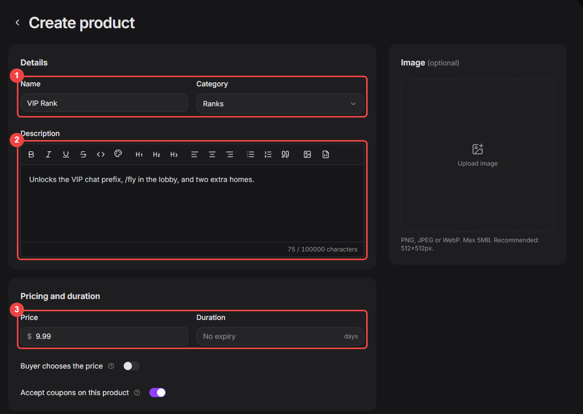 Create product form with the name and category, description, and price and duration fields highlighted