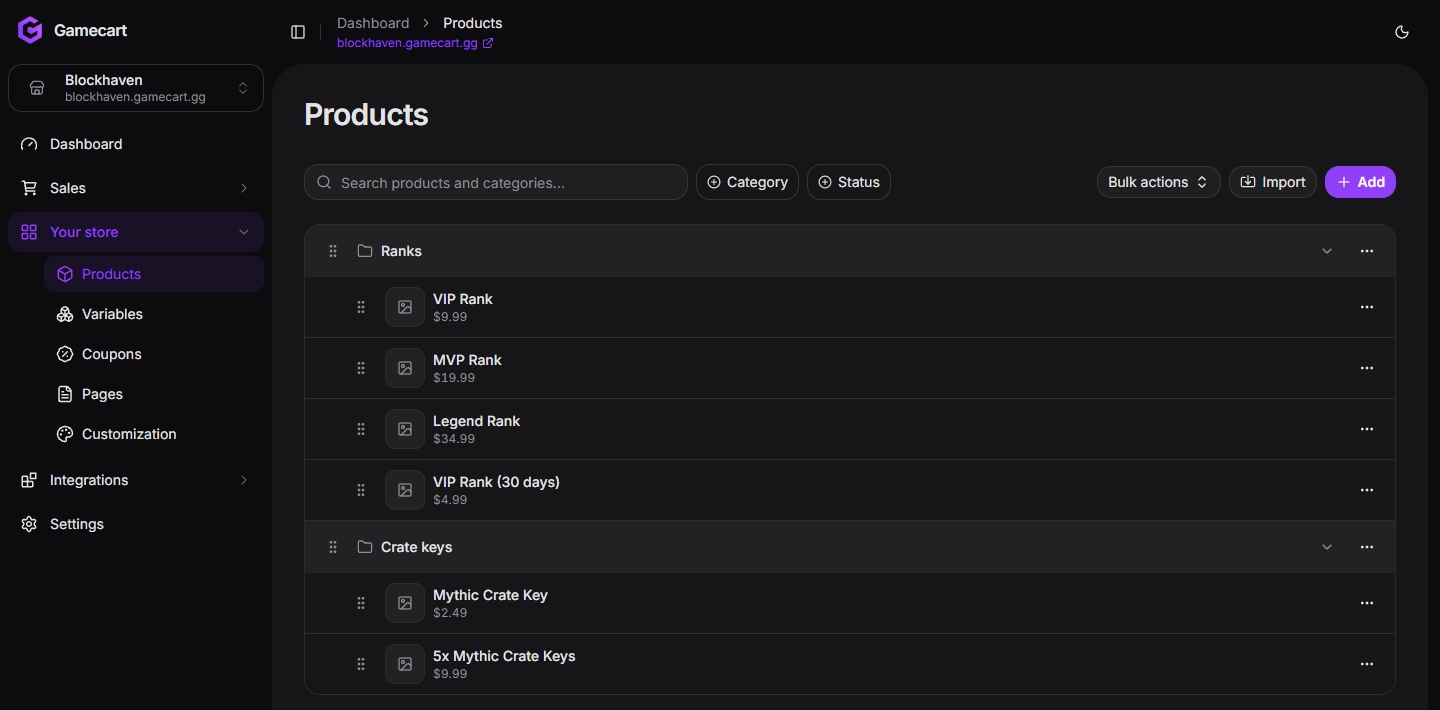 Products page listing the Ranks and Crate keys categories with their products