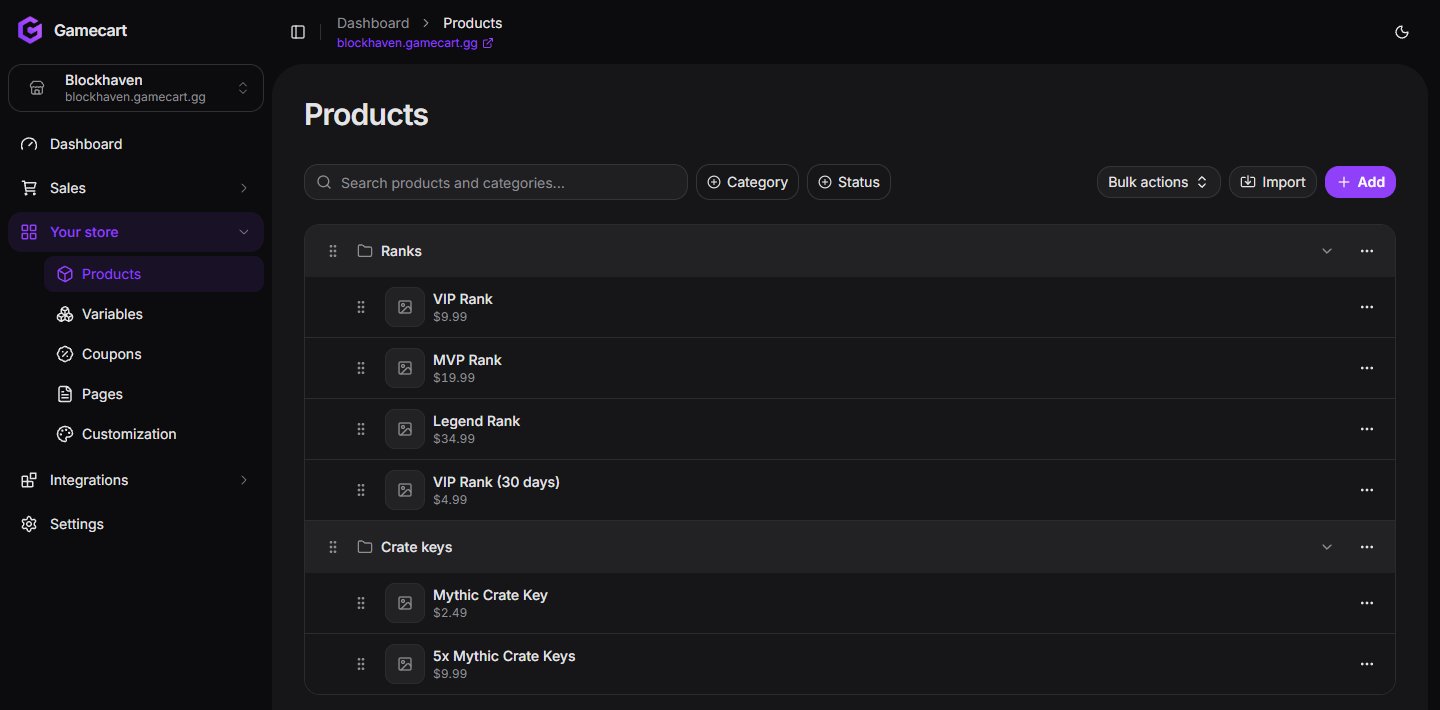 Products page listing the Ranks and Crate keys categories with their products