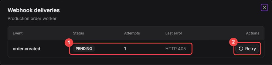 Webhook deliveries dialog with the status, attempts, last error, and Retry button highlighted