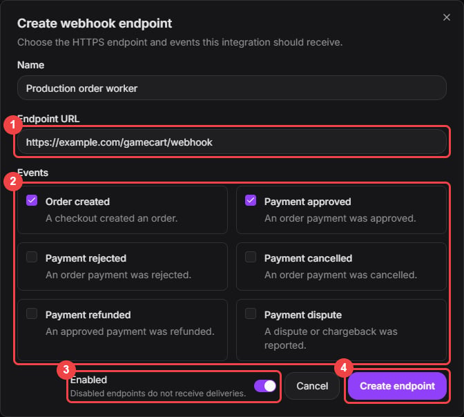 Create webhook endpoint dialog with the endpoint URL, events, enabled switch, and Create endpoint button highlighted