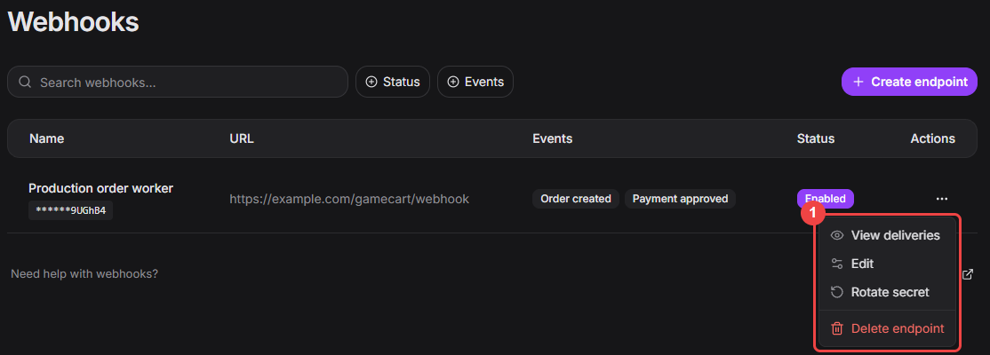 Webhooks list with the row menu open and its actions highlighted