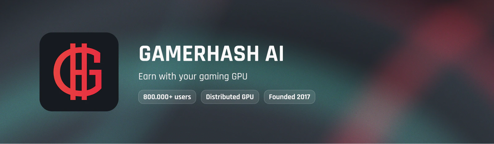 GamerHash AI — distributed GPU network · 800,000+ users · founded 2017