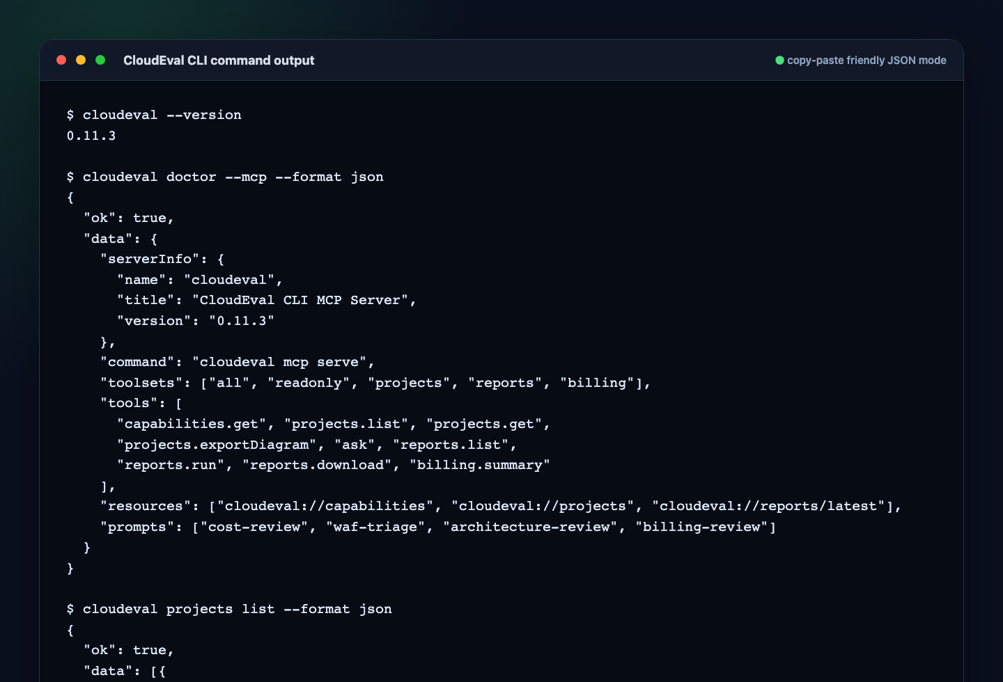 Terminal output of cloudeval doctor --mcp --format json listing the MCP server info, toolsets, tools, resources and prompts