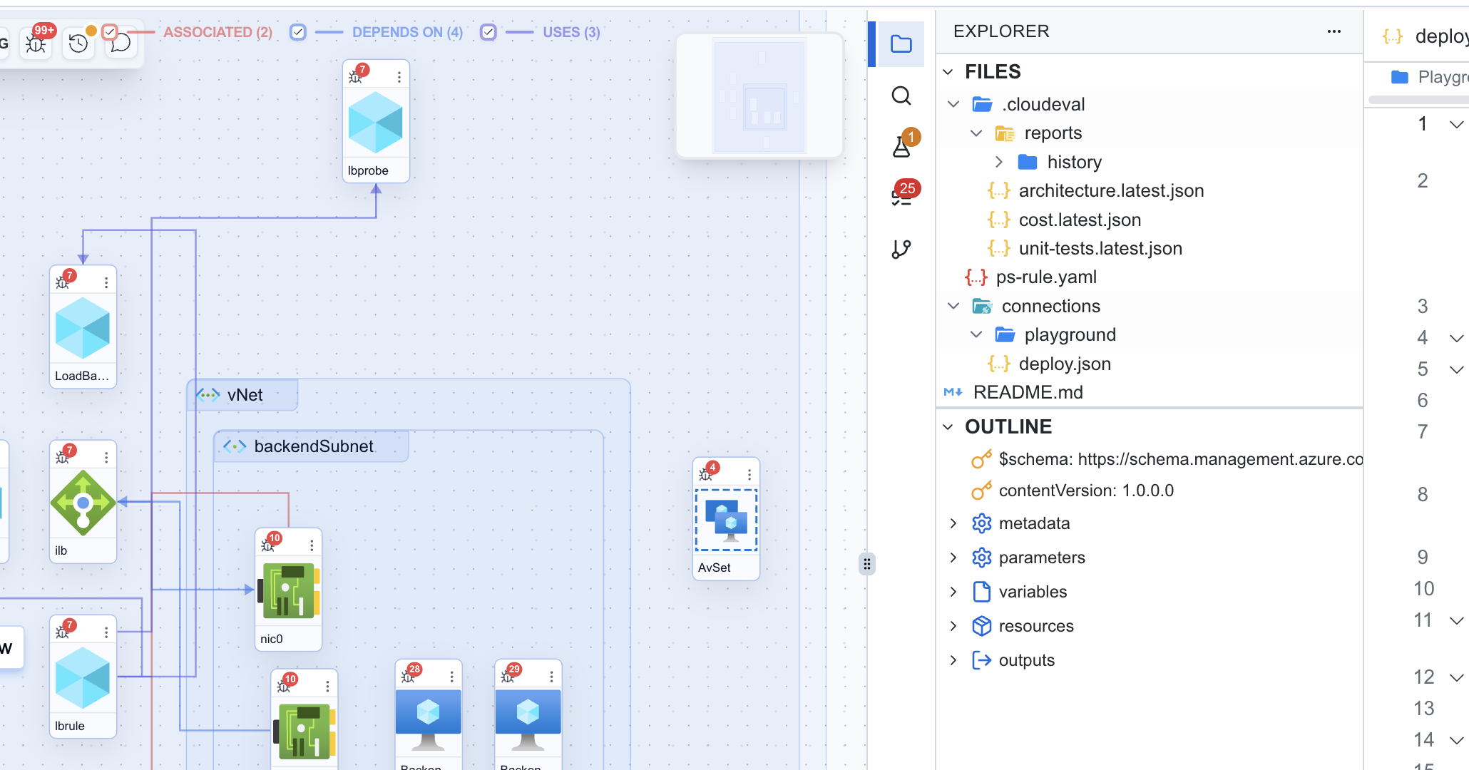 Cloudeval split view with the generated architecture diagram on the left and the project file explorer and ARM JSON outline on the right