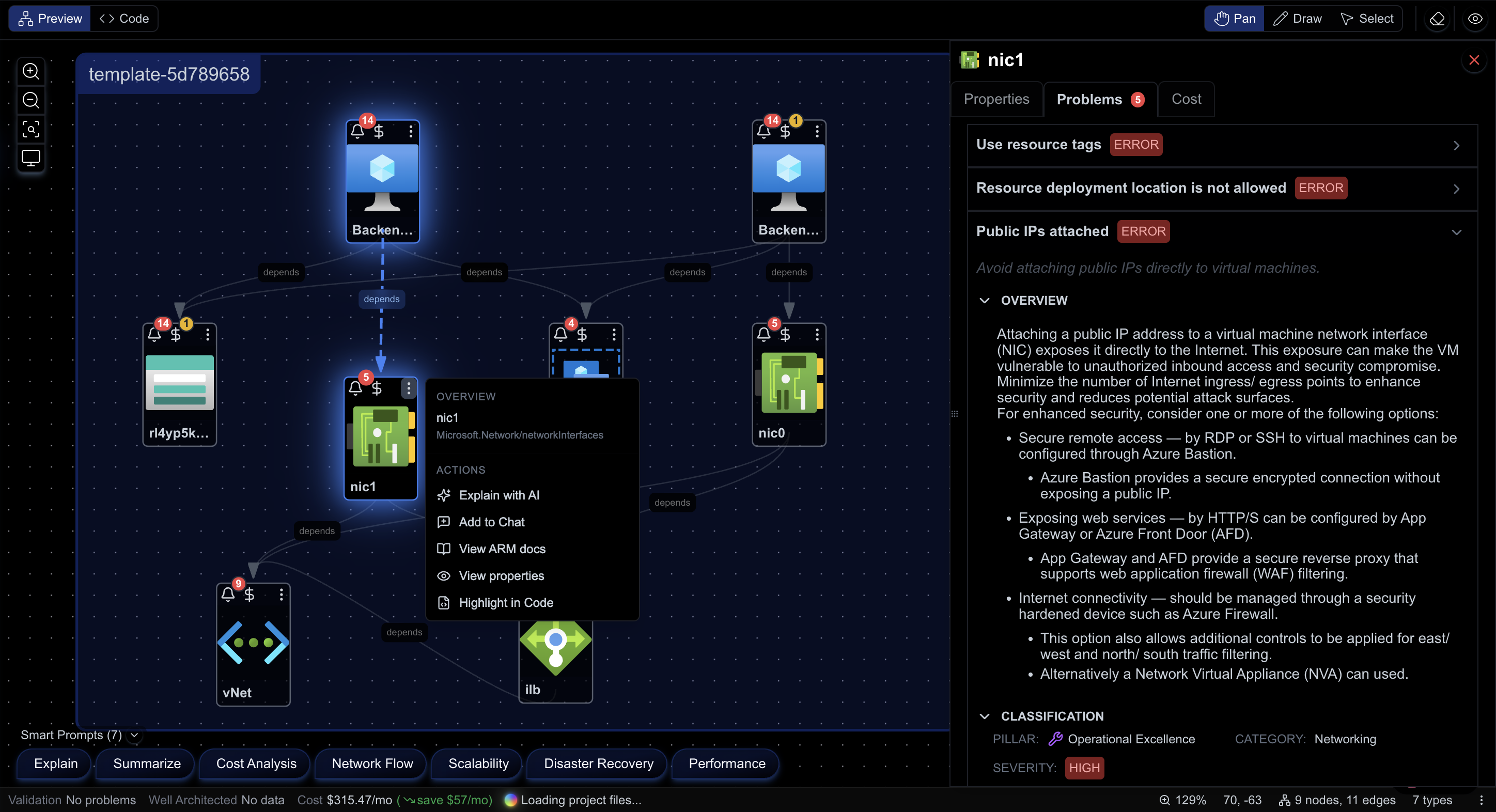 Cloudeval architecture diagram of an Azure template with a network interface selected and its problems panel listing a public IP attached