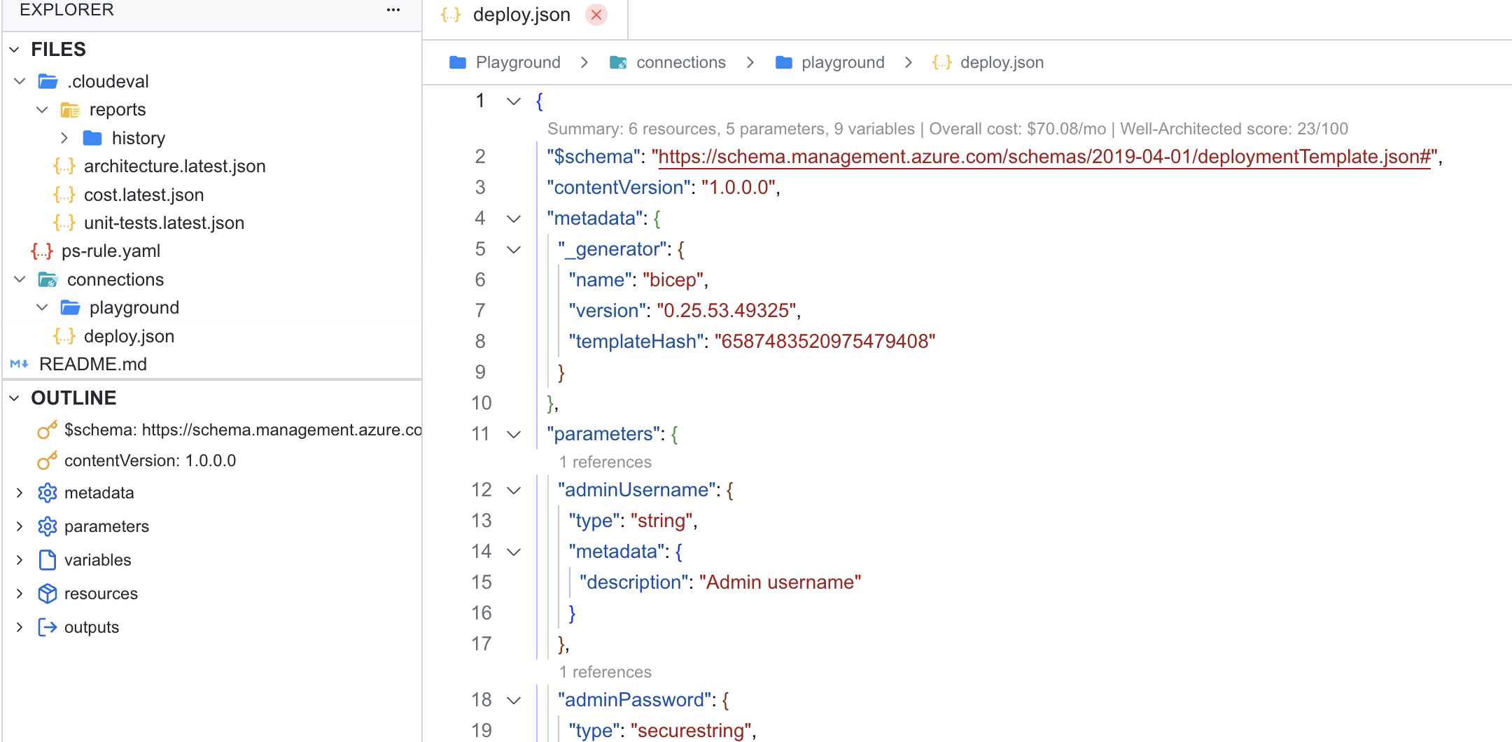 Imported ARM template beside project files and the generated ARM JSON outline in Cloudeval