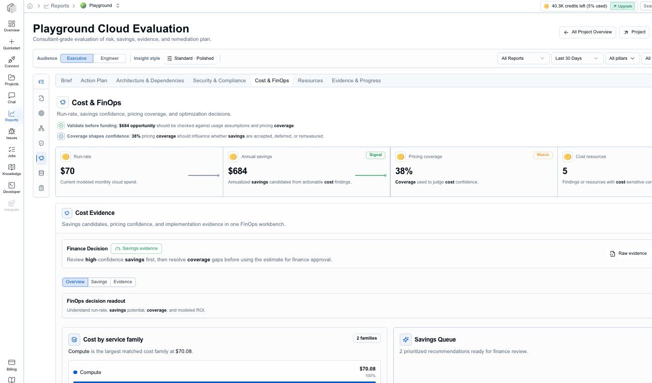 CloudEval Cloud Evaluation report Cost and FinOps tab showing run-rate and savings evidence