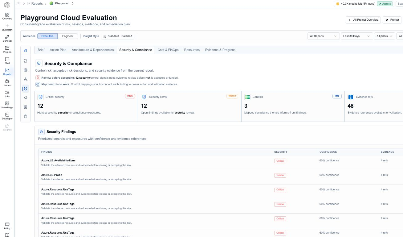 CloudEval Cloud Evaluation report Security and Compliance tab showing security findings, control context, and remediation focus