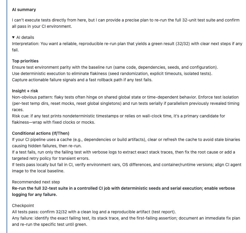 Expanded CloudEval PR comment showing the AI summary and AI details section