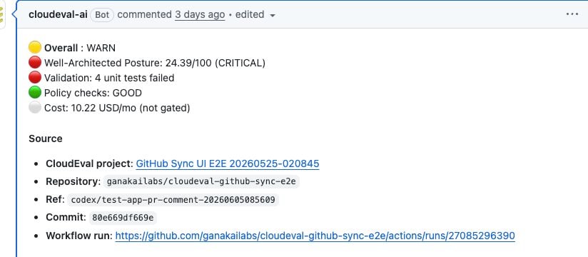 GitHub pull request comment by the CloudEval GitHub App showing overall review result, source provenance, AI summary, and collapsible drilldowns