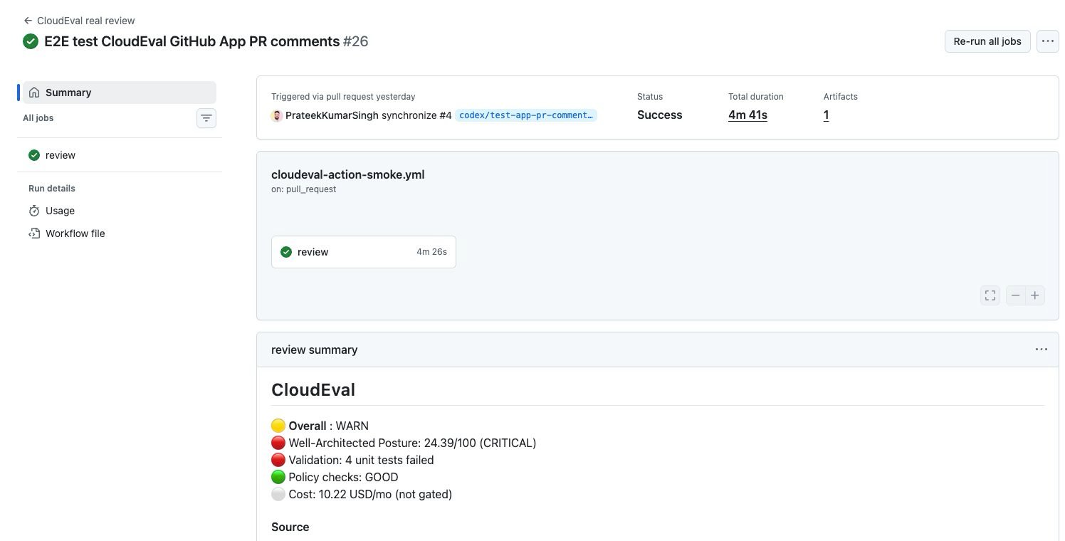 GitHub Actions run page showing a completed CloudEval review job with result summary, workflow run metadata, artifact, and PR comment status