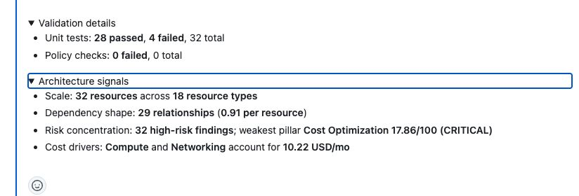 Expanded Cloudeval PR comment showing validation details (unit tests and policy checks) and architecture signals such as resource count, relationships and high-risk findings