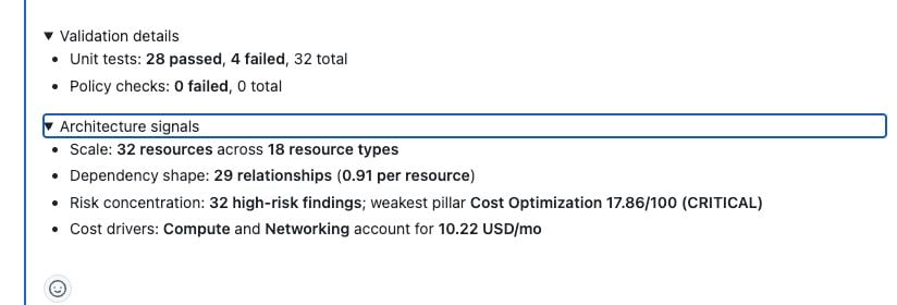 Expanded CloudEval PR comment showing validation results and architecture signals