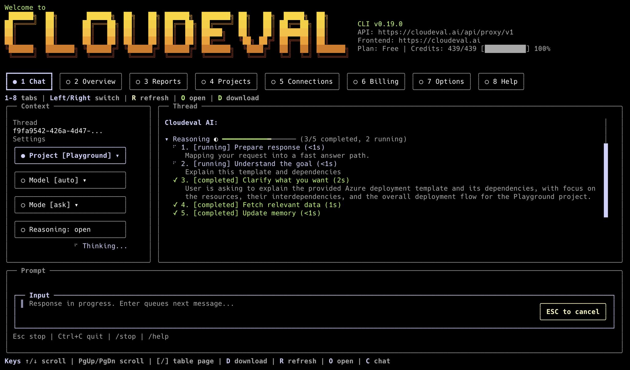CloudEval terminal UI with project-aware chat, reasoning progress, project context, model, mode, and credit status