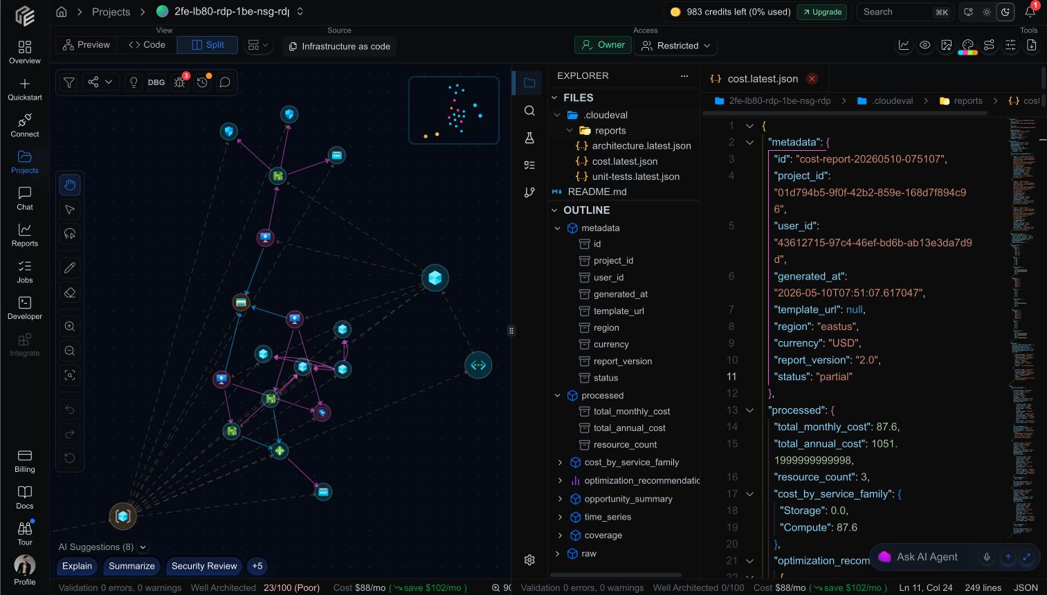 CloudEval split workspace showing an Azure architecture graph beside file explorer and generated cost report JSON