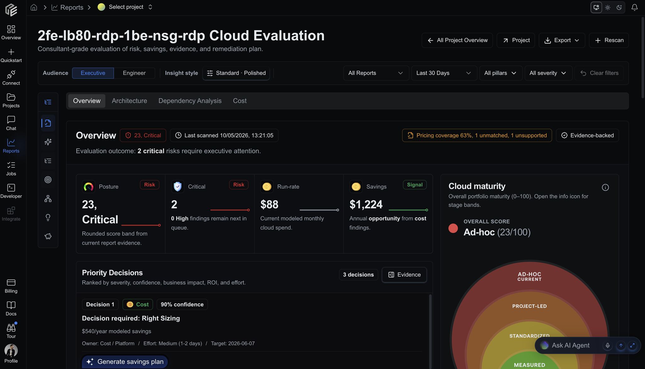 Cloudeval report overview showing posture score, critical issue count, monthly run rate, savings, priority decisions, maturity, and freshness context