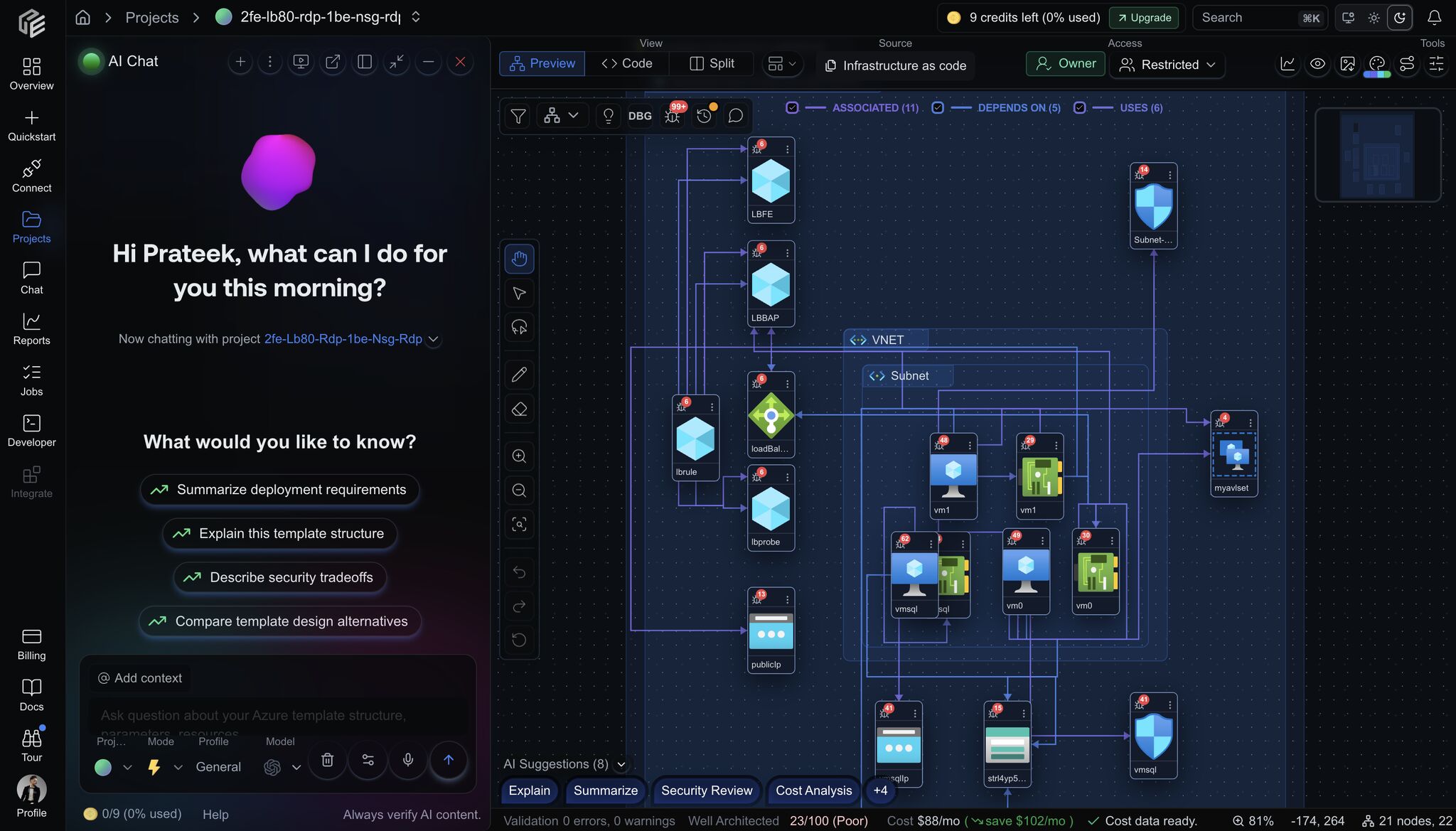CloudEval workspace with AI chat prompts next to an architecture diagram with issue badges, cost, report state, and share controls