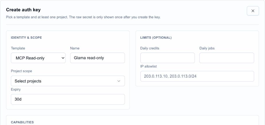 Cloudeval create auth key form showing MCP Read-only, the name Glama read-only, project scope, and a 30-day expiry