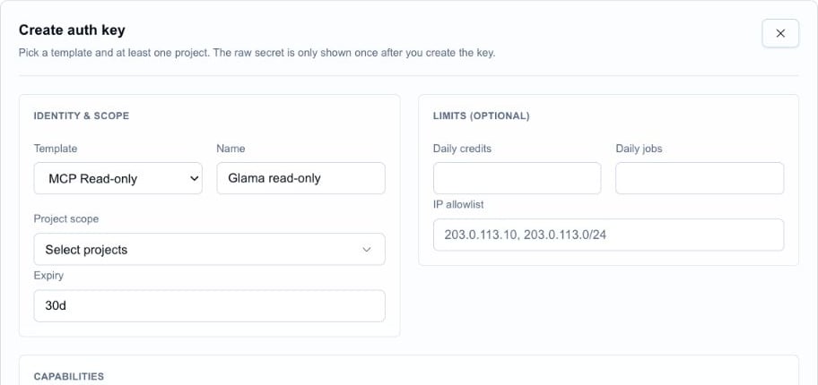 Cloudeval create auth key form showing MCP Read-only, the name Glama read-only, project scope, and a 30-day expiry