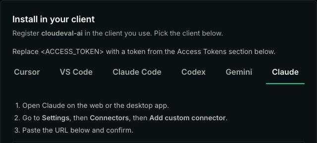 Glama Install in your client dialog with Claude selected and instructions to add a custom connector