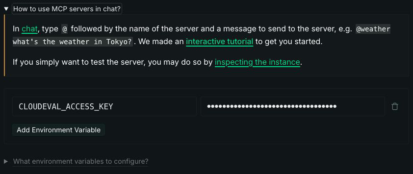 Glama deployment help explaining the at-sign server mention, followed by a CLOUDEVAL_ACCESS_KEY environment row with its value masked