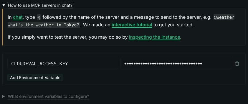 Glama deployment help explaining the at-sign server mention, followed by a CLOUDEVAL_ACCESS_KEY environment row with its value masked