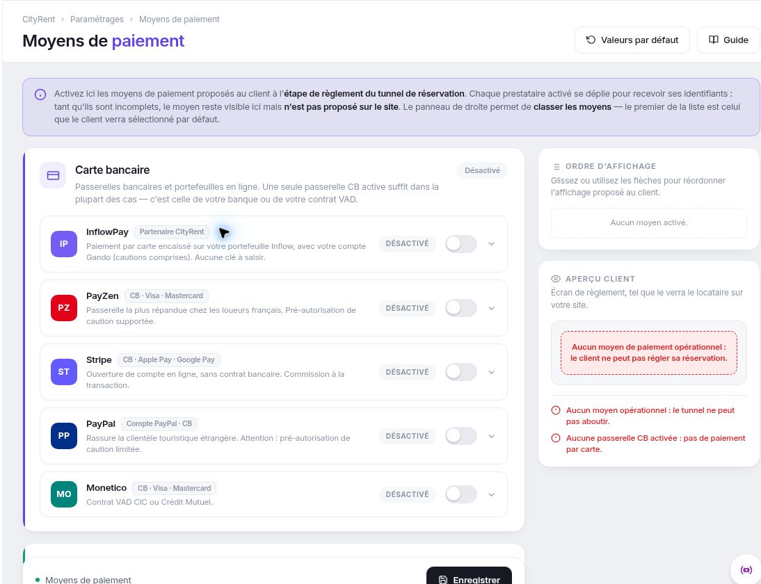 Écran Moyens de paiement de CityRent avec le bloc InflowPay mentionnant Gando