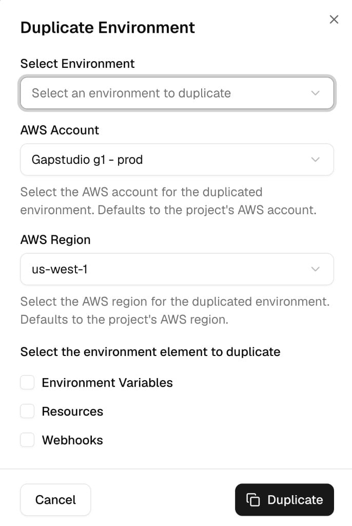 Duplicate Environment dialog with Select Environment, AWS Account, AWS Region, and checkboxes for Environment Variables, Resources, and Webhooks.