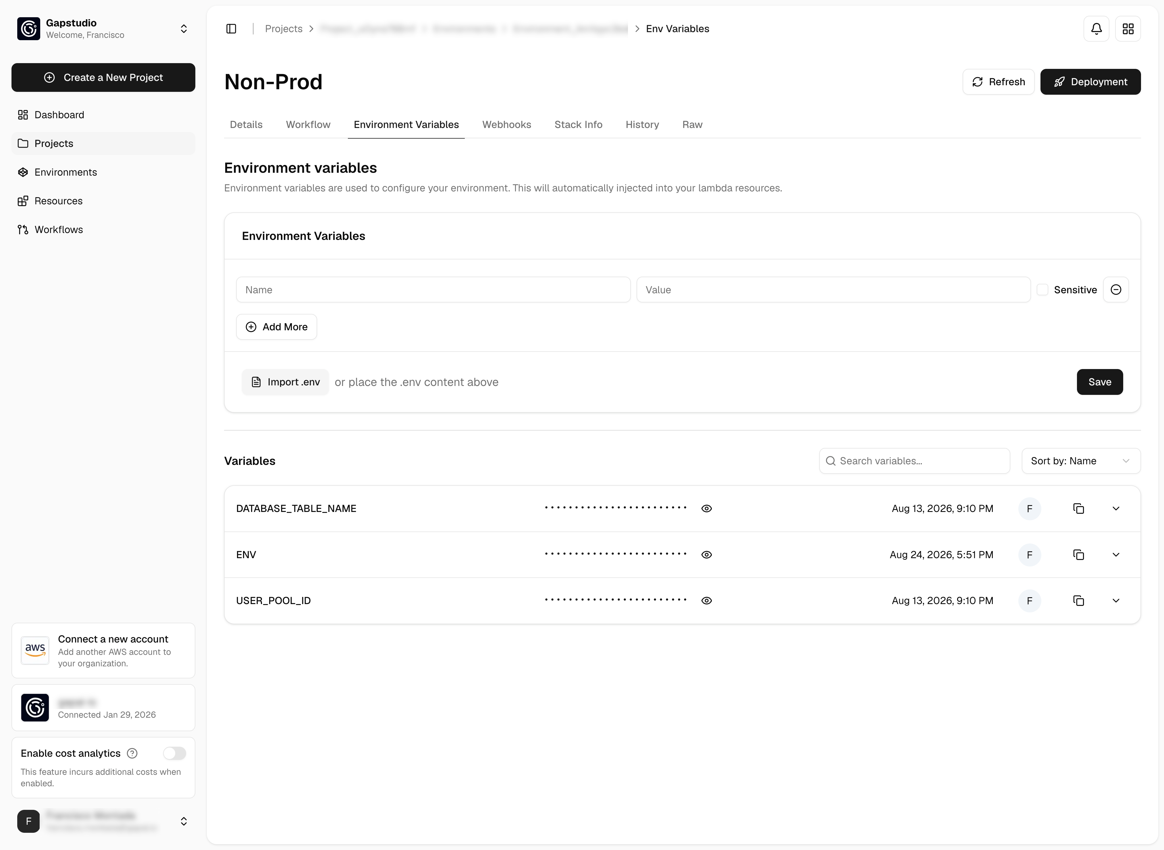 Environment Variables tab with Name and Value fields, a Sensitive checkbox, Import .env, Save, and a list of existing variables.