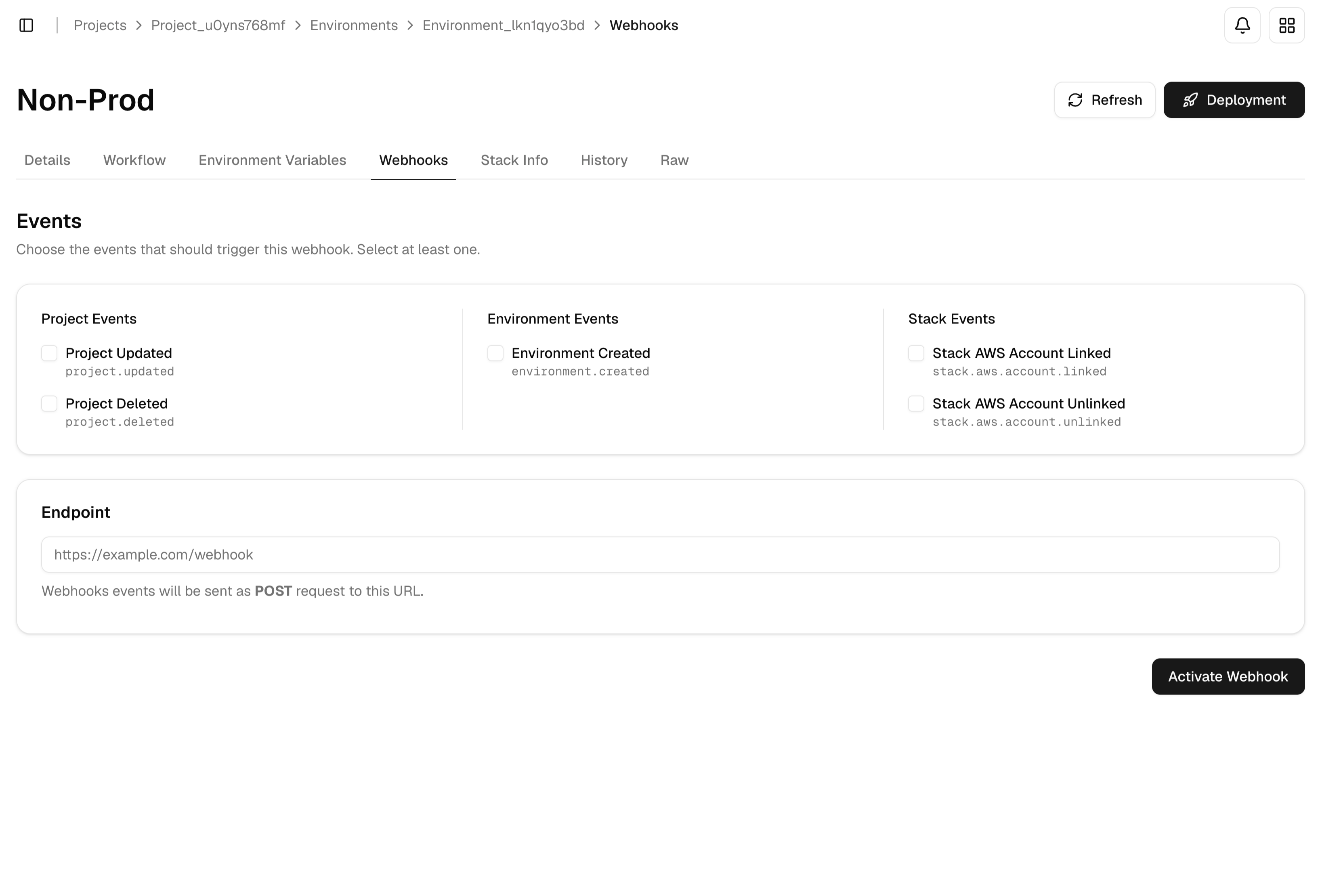 Environment Webhooks tab with project, environment, and AWS account events, plus an endpoint URL field and Activate Webhook.