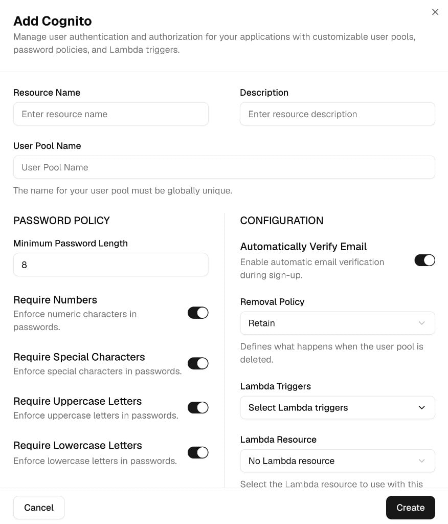 Add Cognito form with resource name, description, user pool name, password policy toggles, removal policy, and Lambda trigger fields.