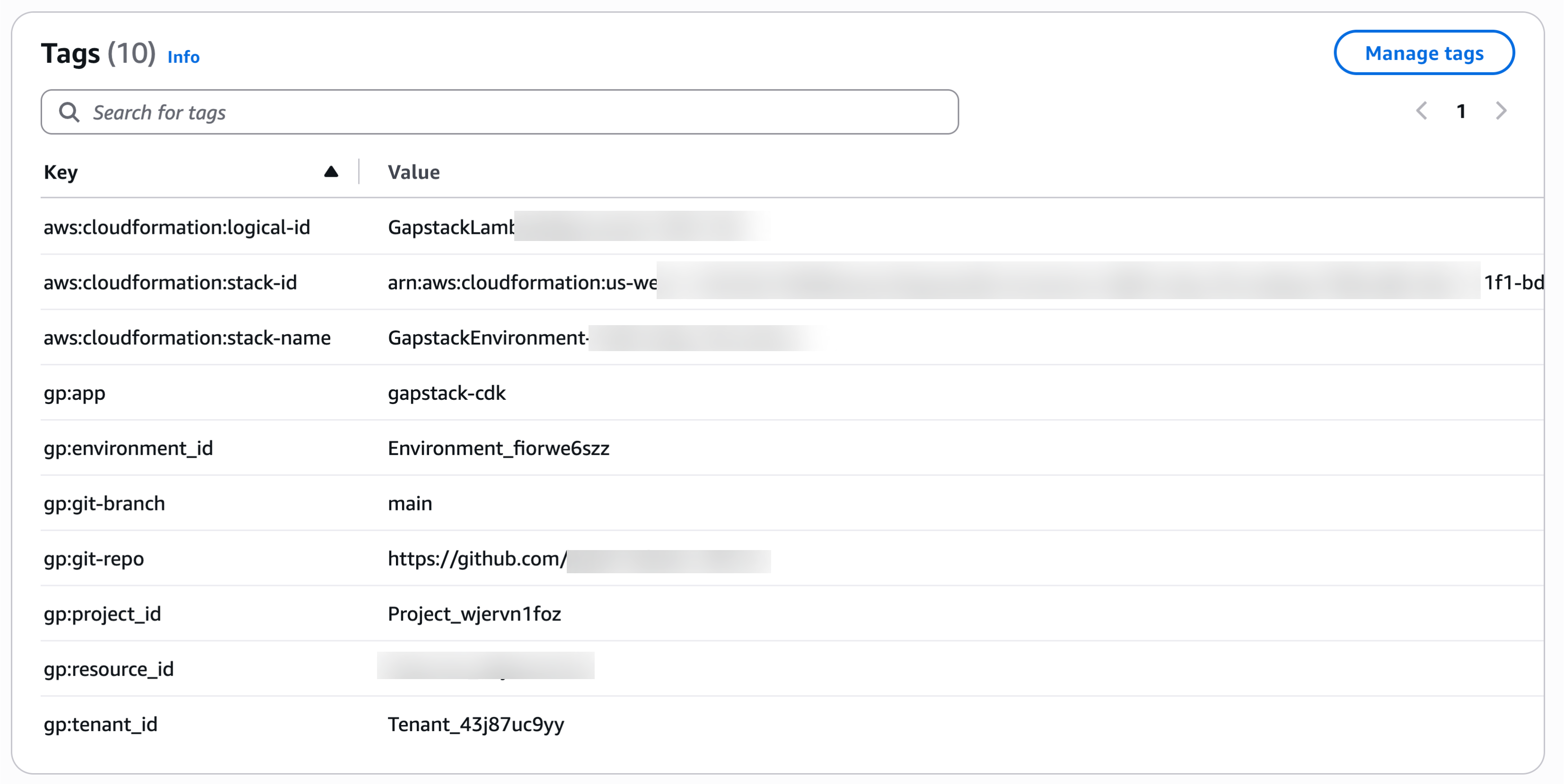 AWS Lambda tags table showing gp:app, gp:project_id, gp:environment_id, gp:resource_id, gp:tenant_id, gp:git-repo, and gp:git-branch.