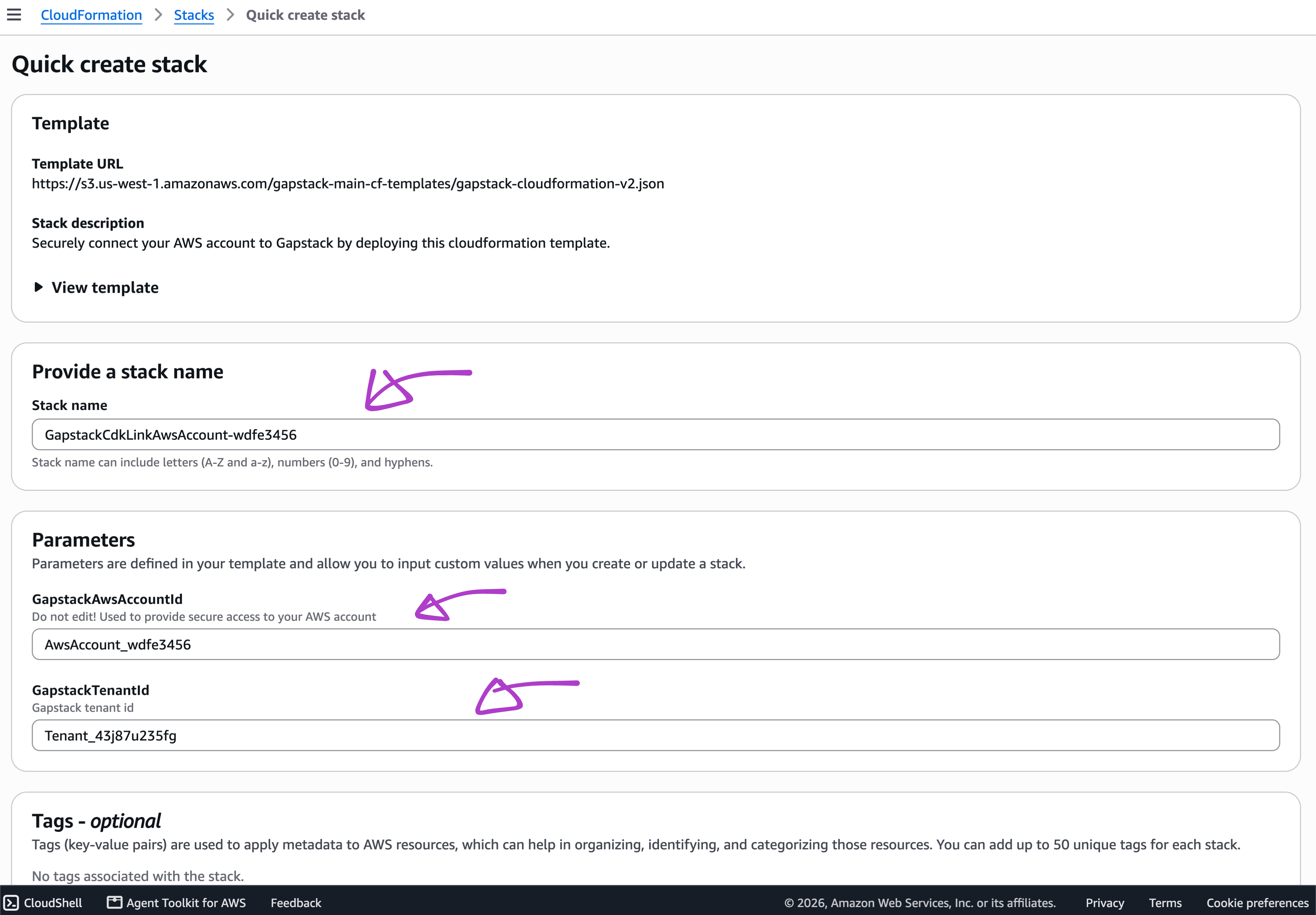 AWS CloudFormation Quick create stack page with a pre-filled stack name and GapstackAwsAccountId and GapstackTenantId parameters that must not be edited.