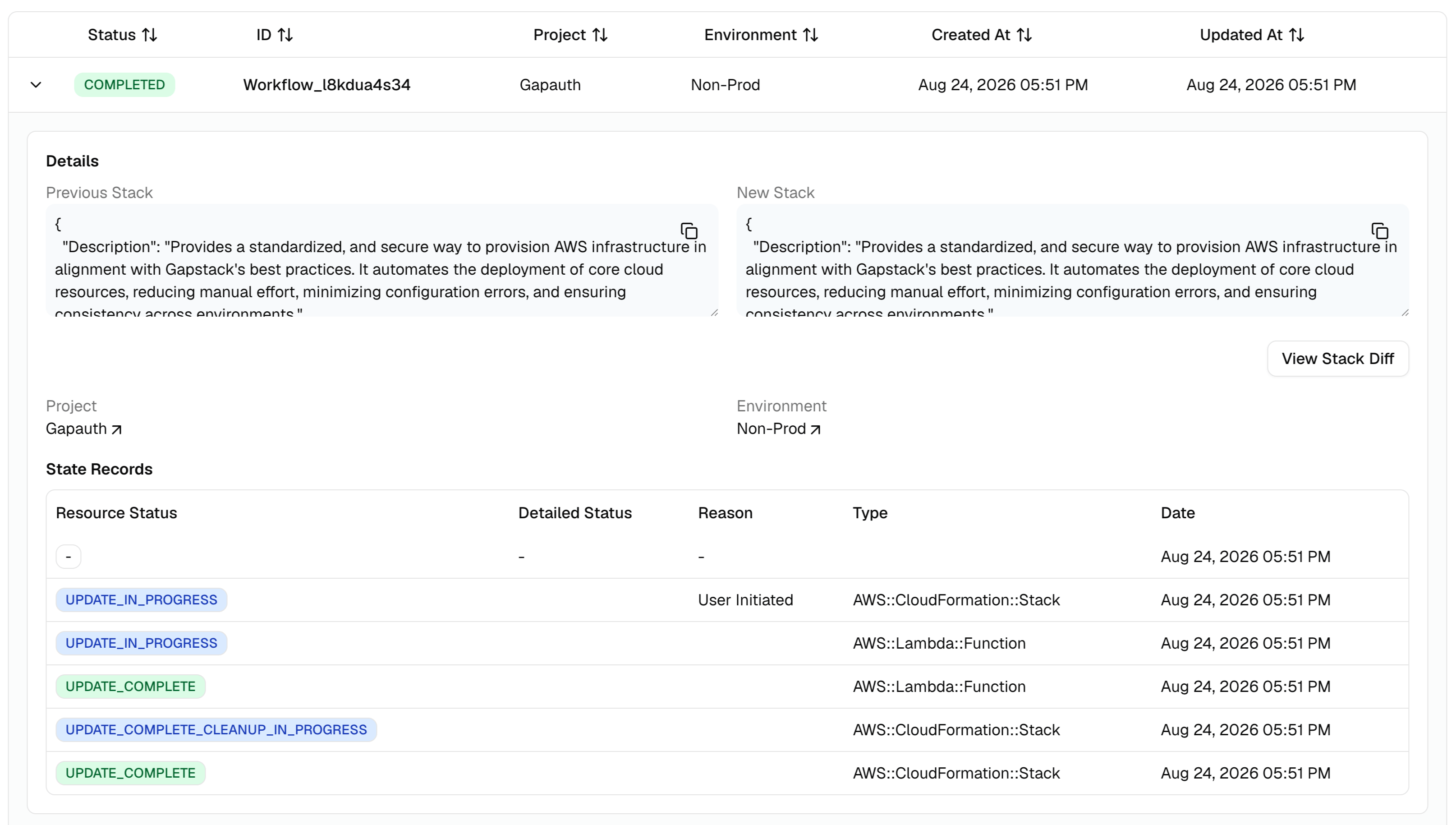 Workflow details page showing a completed environment stack with previous and new stack JSON and a State Records table of CloudFormation events.