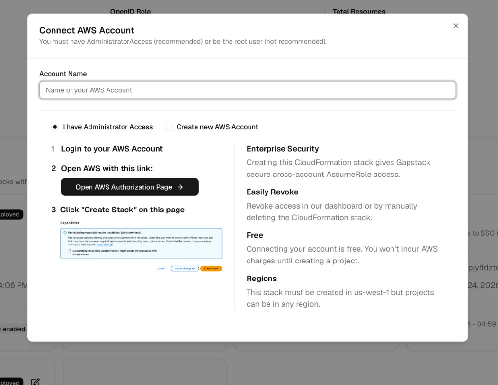 Connect AWS Account dialog with an account name field, Administrator Access selected, and an Open AWS Authorization Page button.