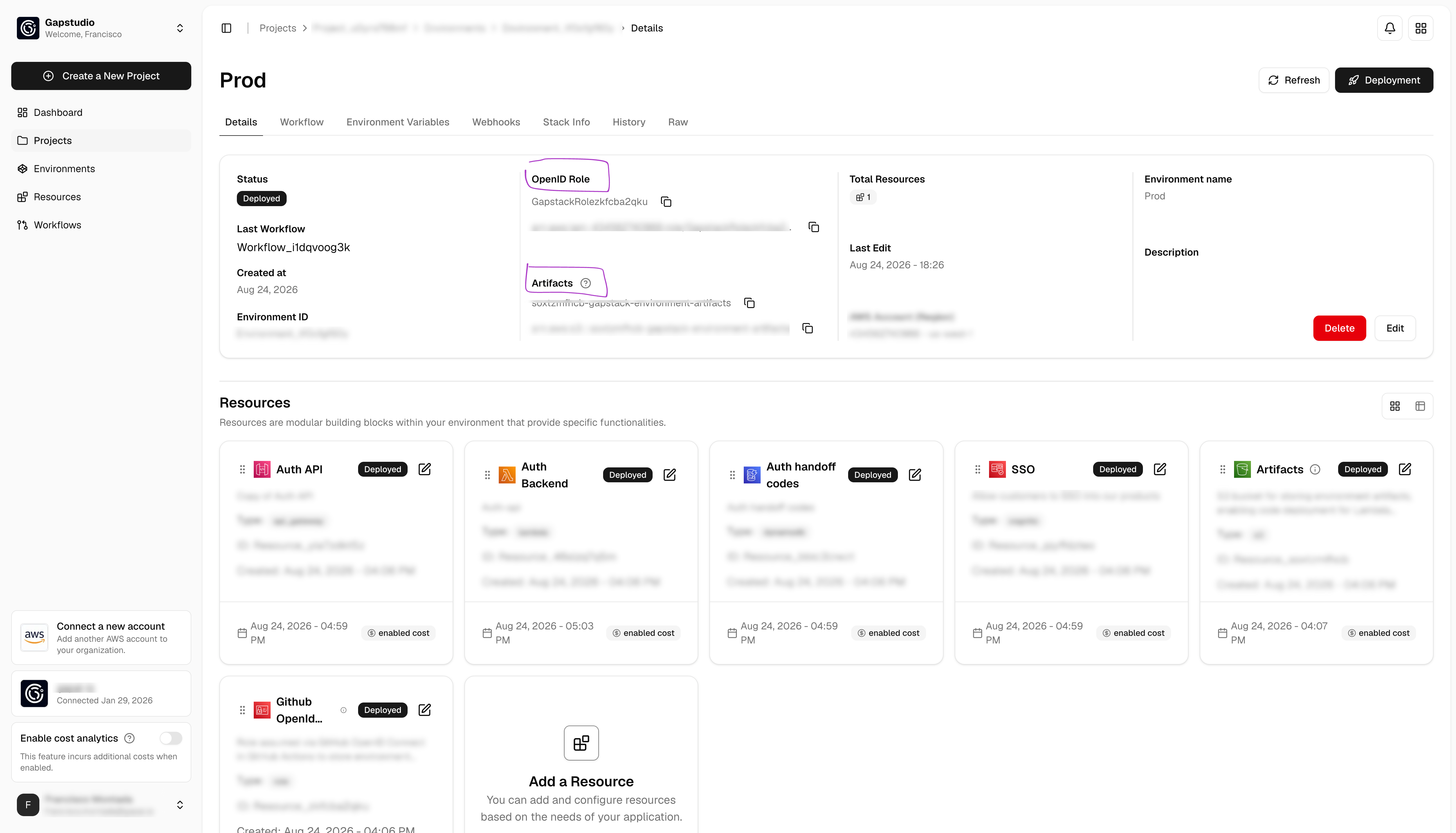 Environment Details page with OpenID Role and Artifacts highlighted. Each field has a copy button.