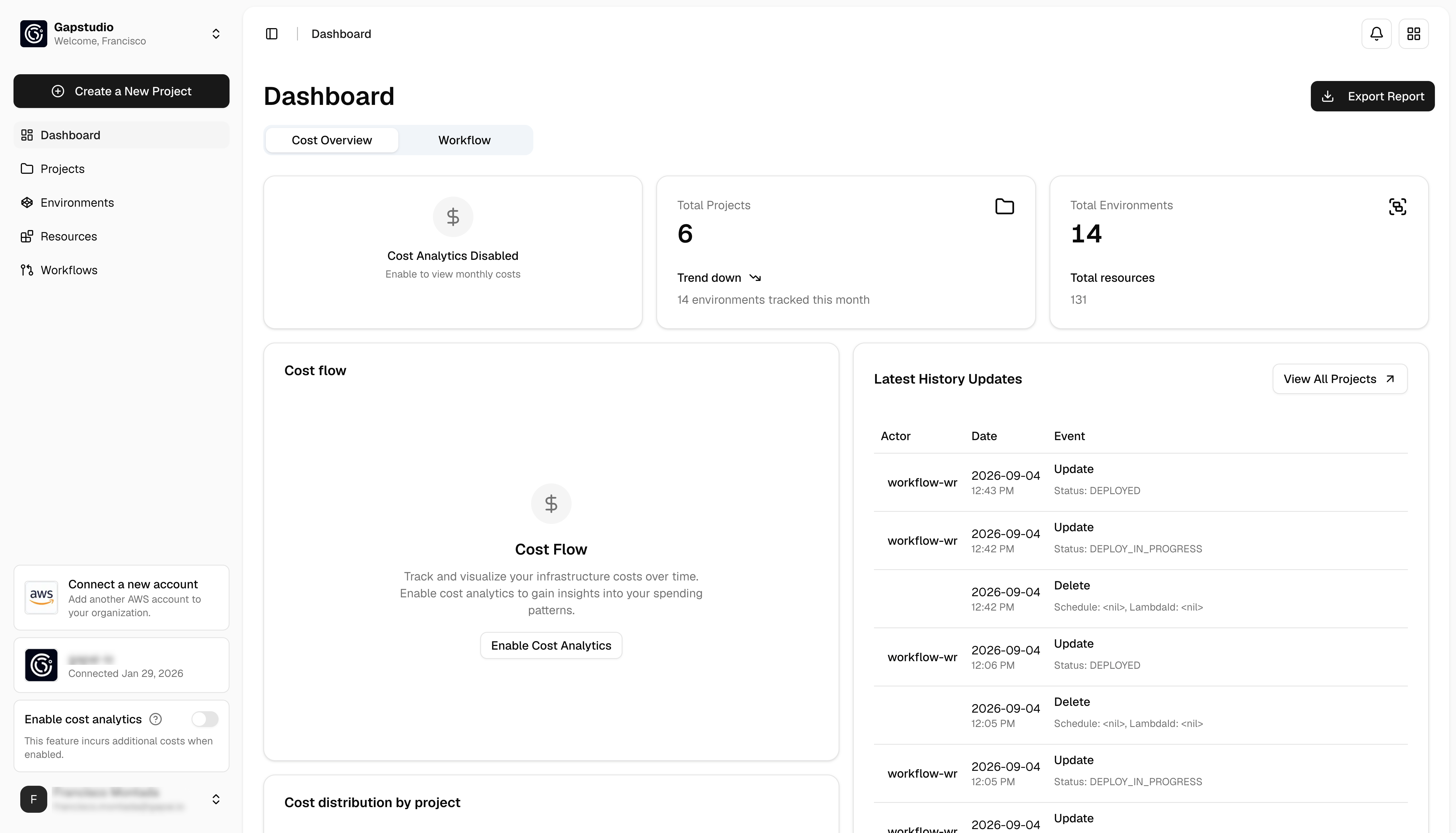 Gapstack dashboard with a + Create a New Project button in the sidebar, plus counts for projects, environments, and resources.