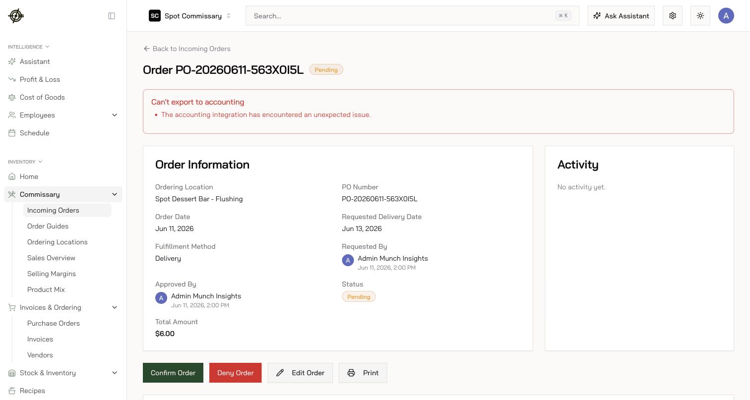 An incoming order: details, activity, and Confirm / Deny / Edit Order actions