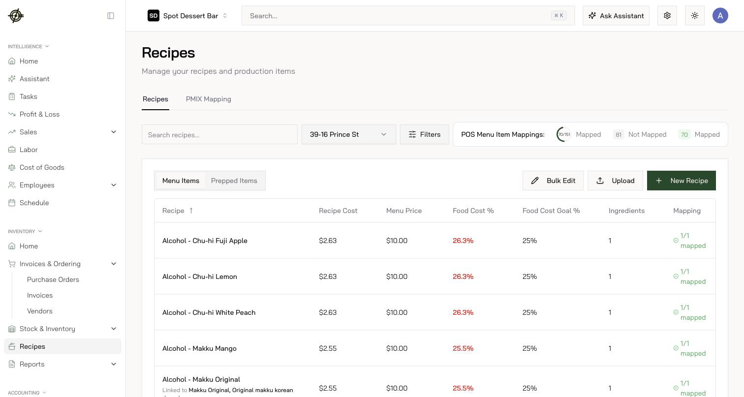 Recipes with cost, price, and mapping status